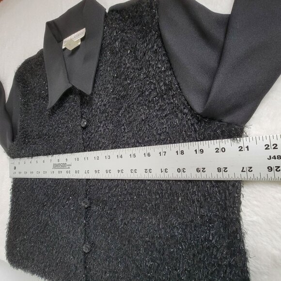 Vintage Brenda Goode Black Fringe Textured Button-Up Shirt Small Long Sleeve - Picture 7 of 8